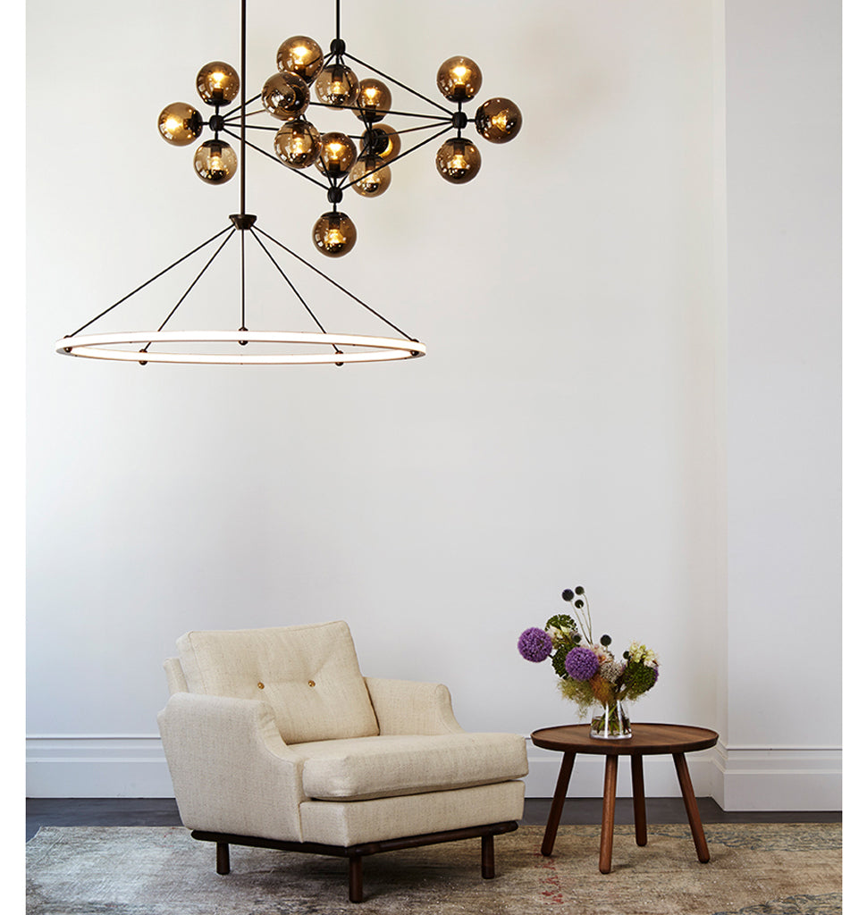 Chandelier - 4 Sided, 15 Globes (Black/Smoke) — Roll & Hill Showroom, New York City. Image by Joseph De Leo