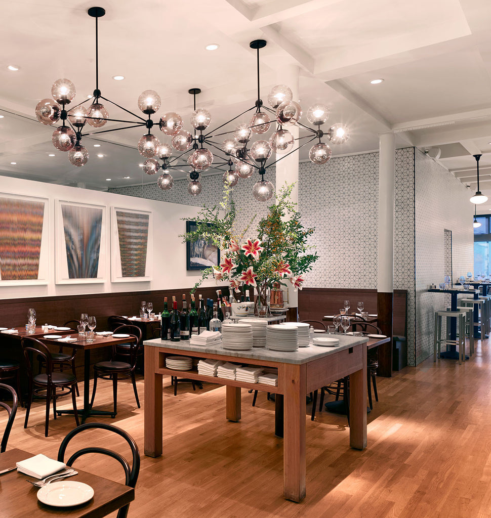 Chandelier - 4 Sided, 15 Globes (Black/Smoke) — Locanda, San Francisco