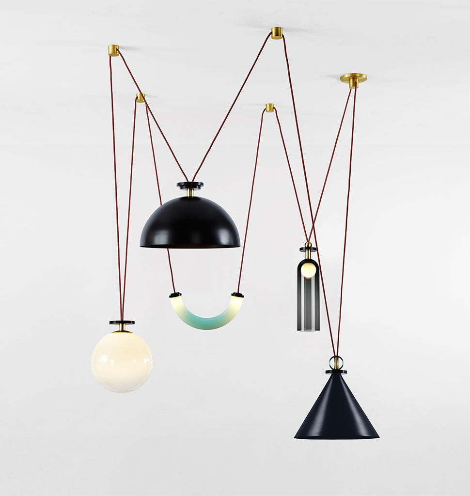 5-Piece Chandelier (Blackened steel cone/Blackened steel hemisphere)