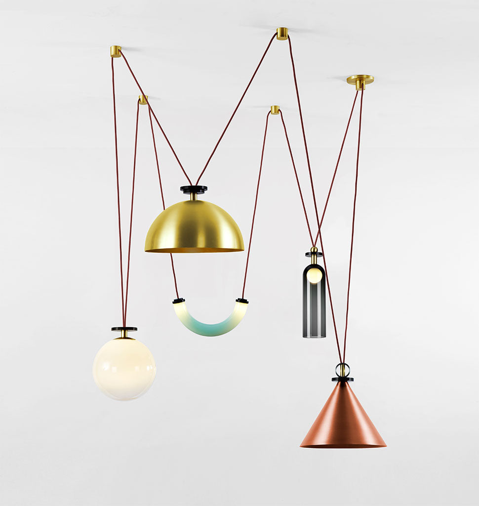 5-Piece Chandelier (Brushed copper cone/Brushed brass hemisphere)