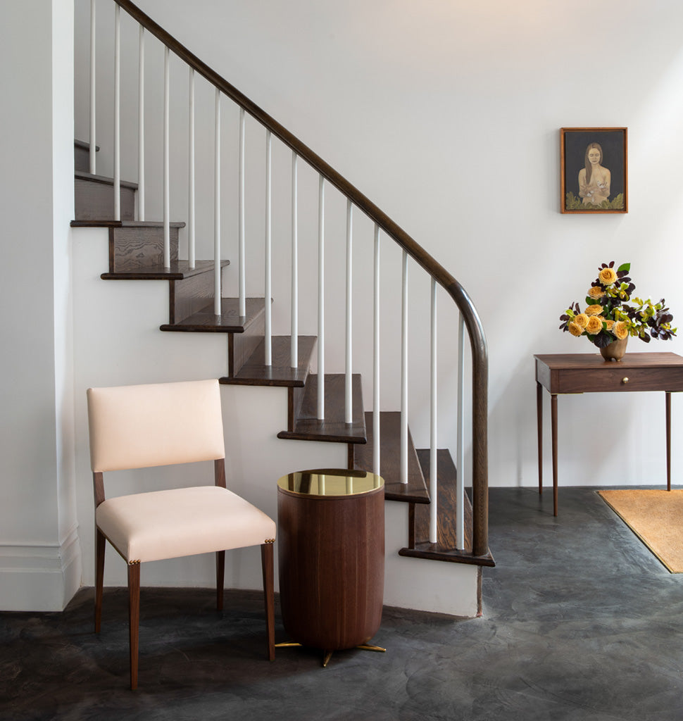 The Tom Champagne Table (Black Walnut/Brass) — Roll & Hill Showroom, New York City. Image by Sarah Elliott