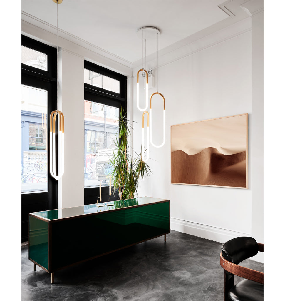 Loop 02, Loop 01, Loop 03, Double, Custom Configuration (Satin brass) — Roll & Hill Showroom, New York City. Image by Brooke Holme
