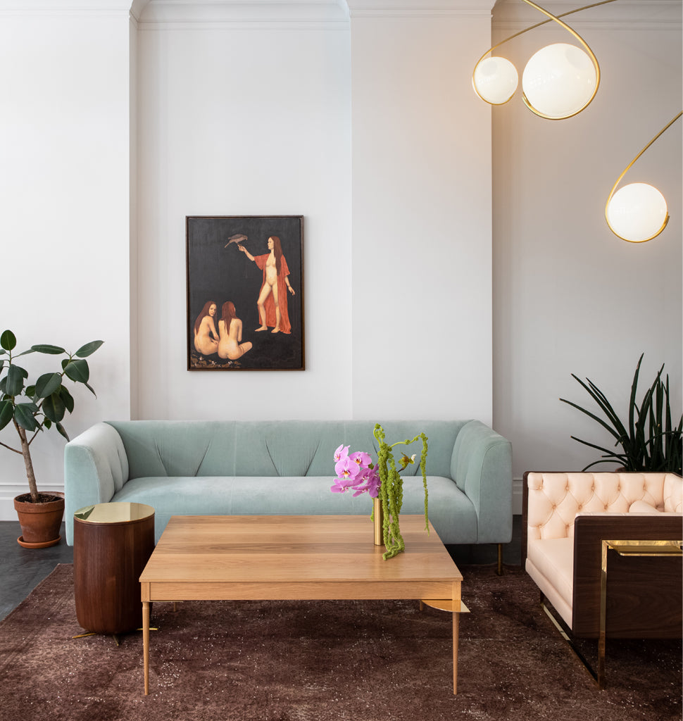 The Tom Champagne Table (Black Walnut/Brass) — Roll & Hill Showroom, New York City. Image by Sarah Elliott